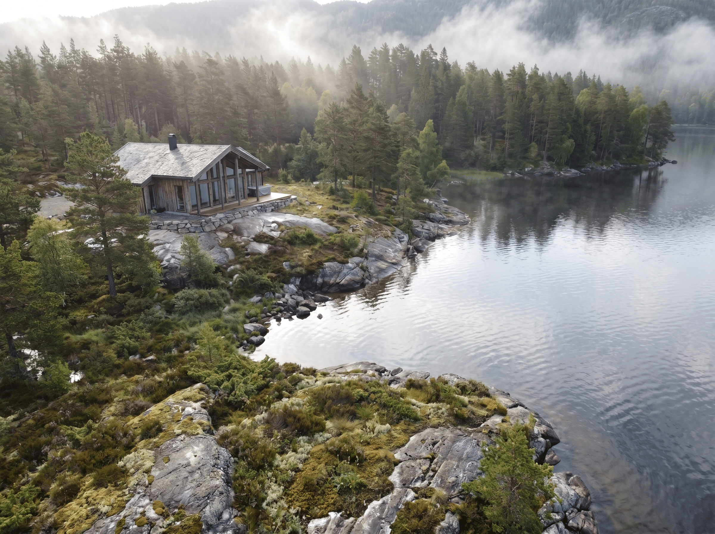 Luchtfoto van een Noors dal omringd door bergen en bossen